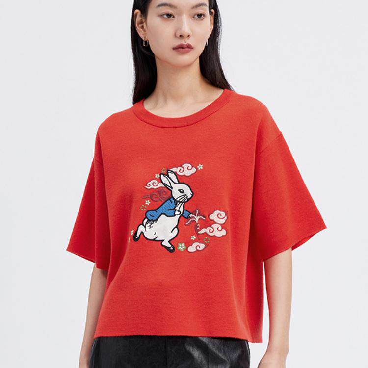 播Peter Rabbit联名系列2023春秋显瘦款针织短袖毛衫女BDQ1SD0303