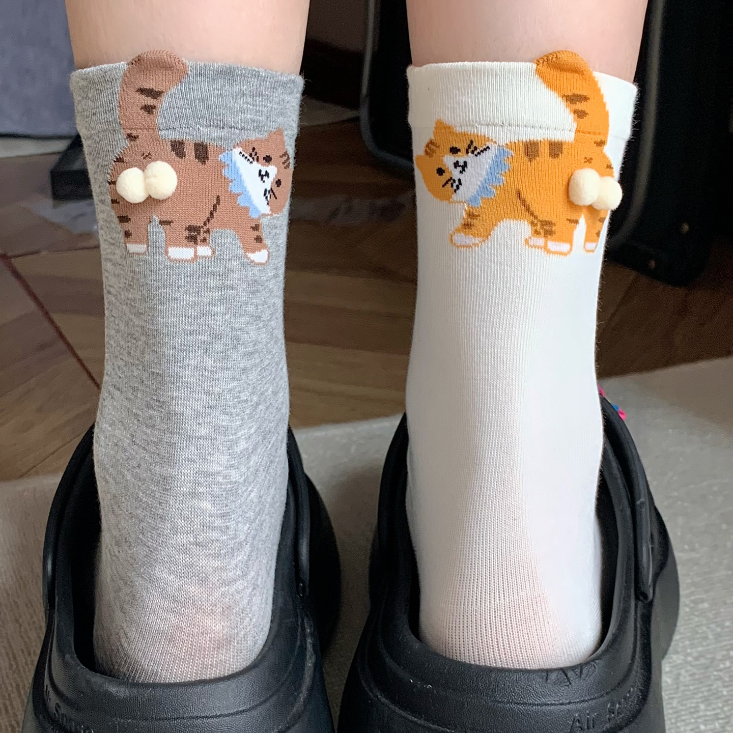 【5双装】韩版搭配手包可爱立体蛋蛋猫女中筒wa~萌萌的