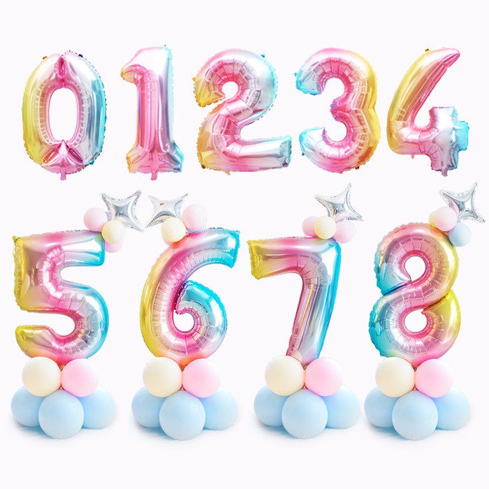 32寸09马卡龙渐变数字气球立柱路引满月百天周岁生日装饰派对布置
