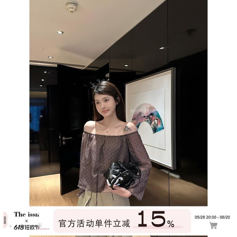 宁司 波点一字肩长袖薄款T恤女夏季气质设计感露肩短款显瘦上衣
