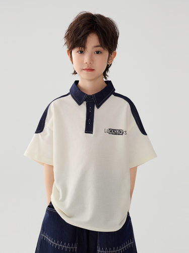 RS家2026夏季儿童牛仔拼接休闲polo衫男中大童字母印花短袖T恤潮