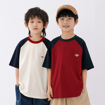 RS家男童短袖T恤夏装日系复古拼接撞色嘻哈街舞中大小儿童半袖潮