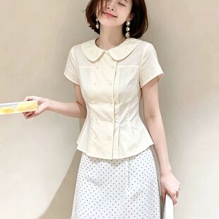 法式学院风娃娃领泡泡袖衬衫女夏季新款双排扣减龄收腰设计感小衫