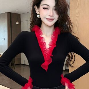 品牌折扣店专柜撤柜2026年春季黑色长袖T恤红色荷叶边长袖上衣