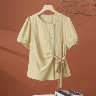 女洋气减龄系带 品牌折扣店专柜撤柜2025年夏季 新款 设计感短袖 衬衫