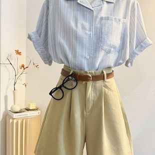 女设计感宽松上衣 品牌折扣店专柜撤柜2025年夏季 新款 条纹短袖 衬衫