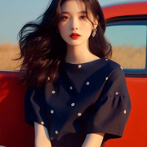 韩系chic显瘦黑藏蓝波点T恤女