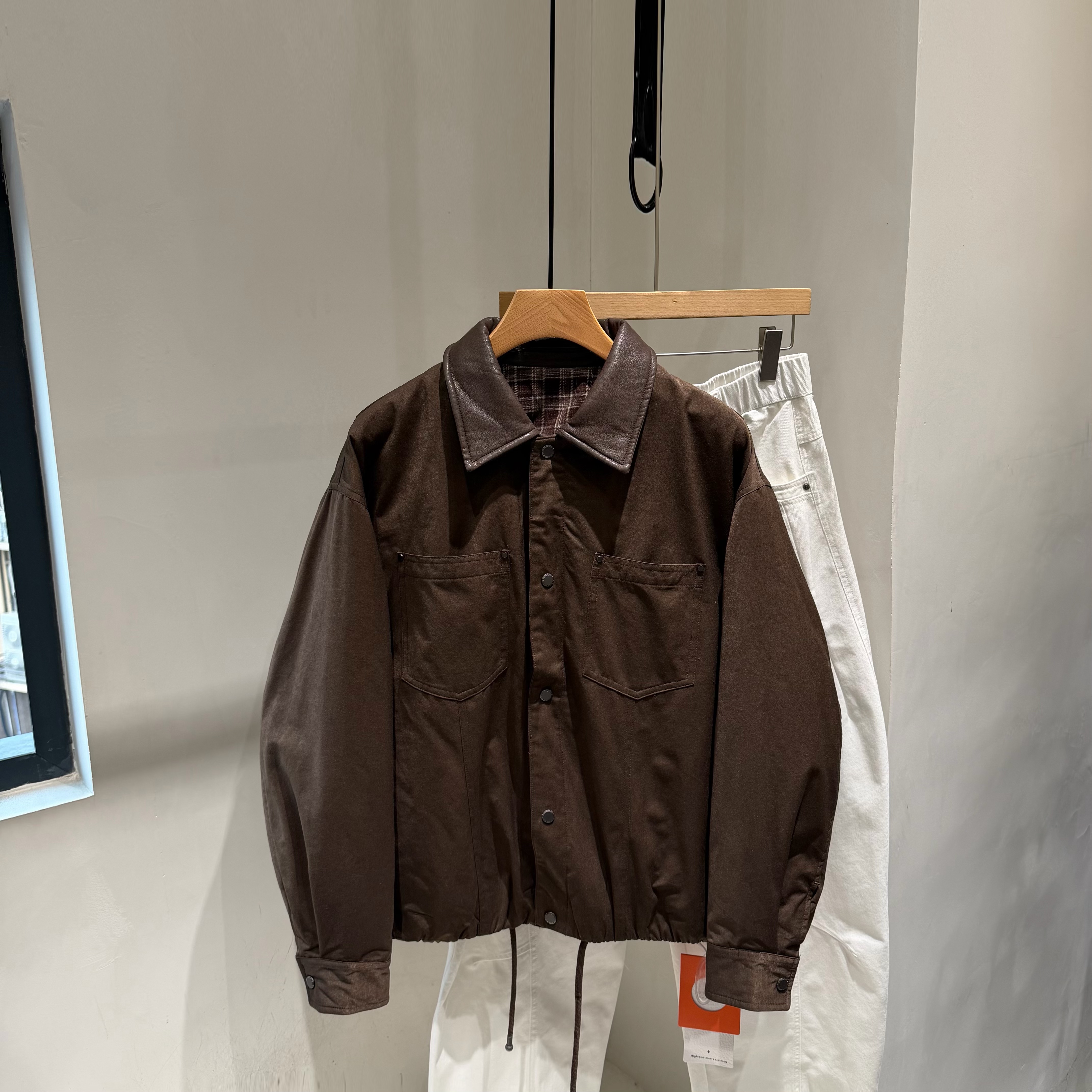 INTROVERT 复古哈灵顿拼接皮领羽绒服90白鸭绒轻便百搭衬衫外套男