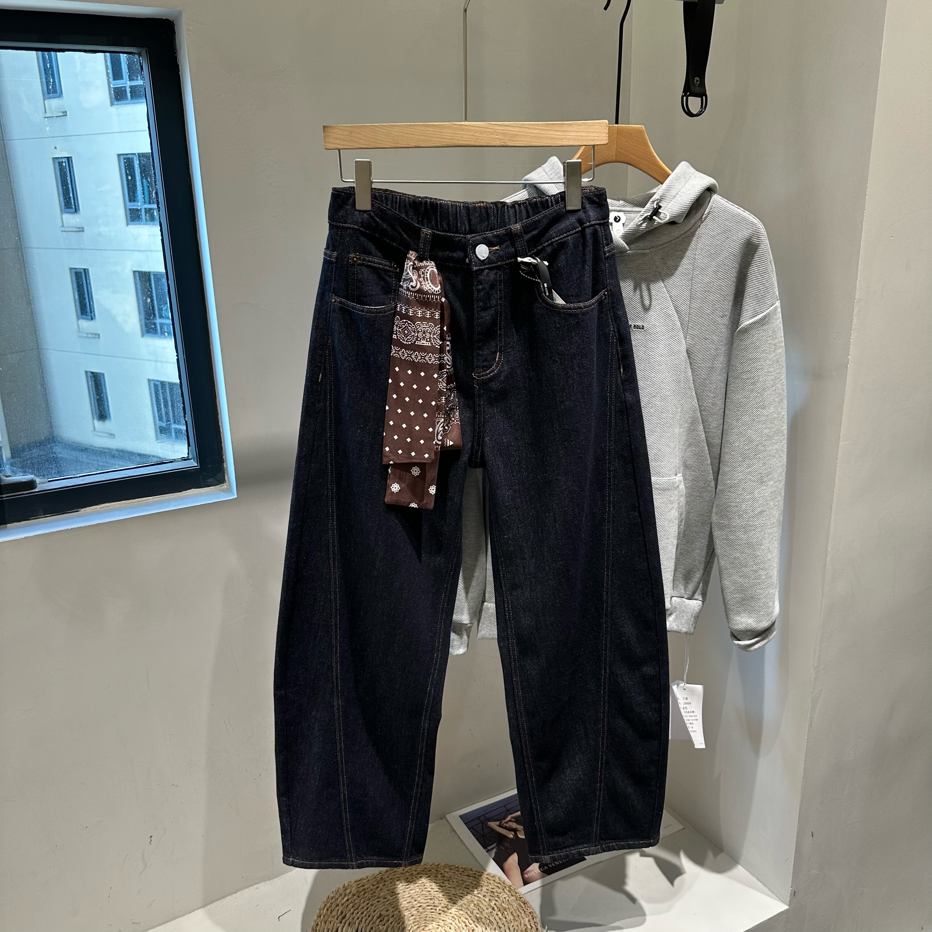 INTROVERT 原创普洗原牛加绒牛仔裤男宽松休闲百搭直筒弯刀阔腿裤