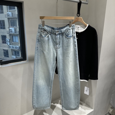 INTROVERT 水洗做旧半松紧牛仔裤男宽松休闲直筒阔腿弯刀裤长裤潮