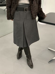 2025冬季 韩系简约百褶口袋毛尼半身中裙 新款