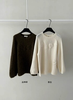 Feel 2025冬季新款韩系简约百搭圆领花朵套头毛衣