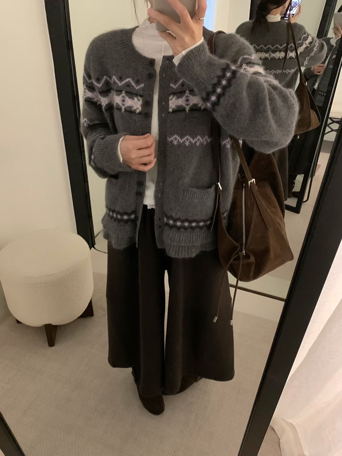 Dumpling 2025冬季新款女装提花灰复古花边开衫