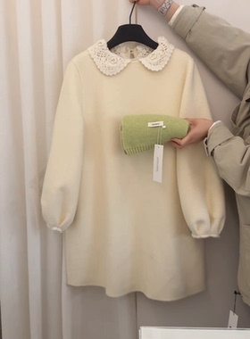 AMIDI 2025冬季新款韩系简约百搭圆领羊毛连衣裙