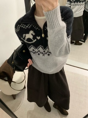 Dumpling 2025秋冬新款韩系简约百搭半拉链翻领提花针织衫