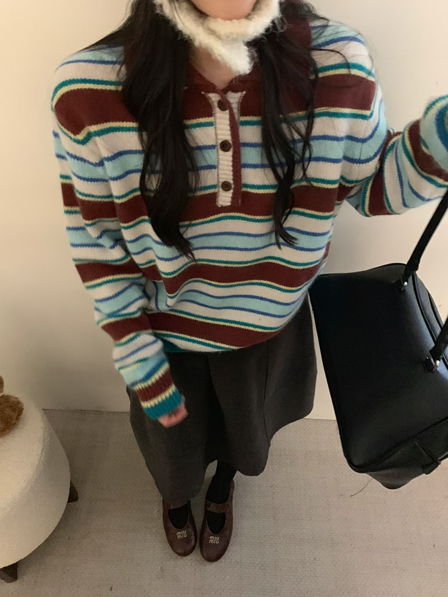 Dumpling 2025冬季新款韩系简约百搭条纹浣熊毛衣