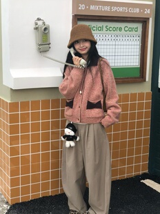 H.ONE 正品 秋冬新款百搭显瘦撞色蝴蝶结羊驼浣熊绒开衫