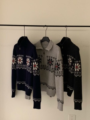 饺子家2025秋冬新款雪花提花半拉链翻领羊毛开衫