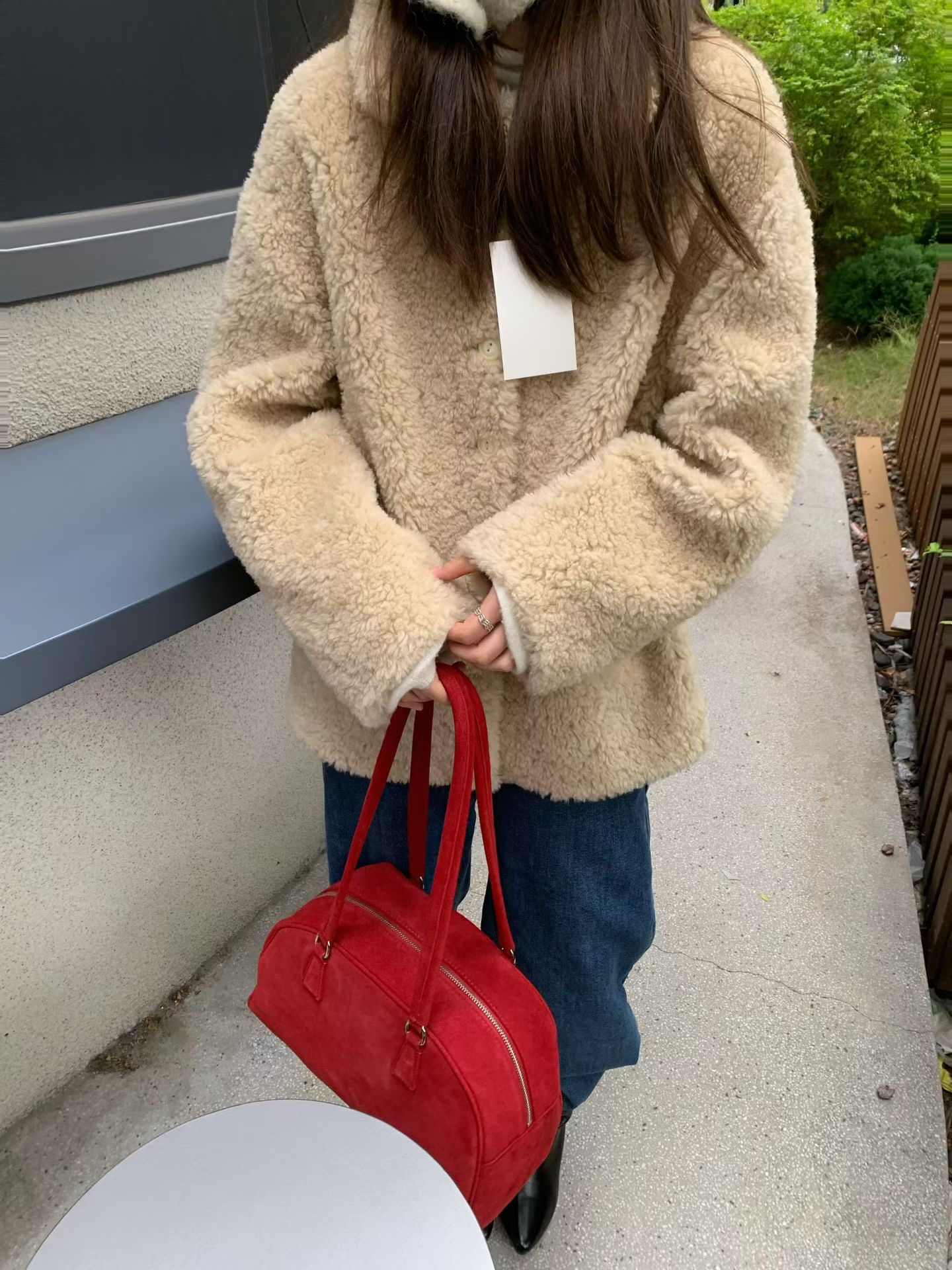 etoile 2025冬季新款韩系简约百搭圆领宽松羊羔毛外套