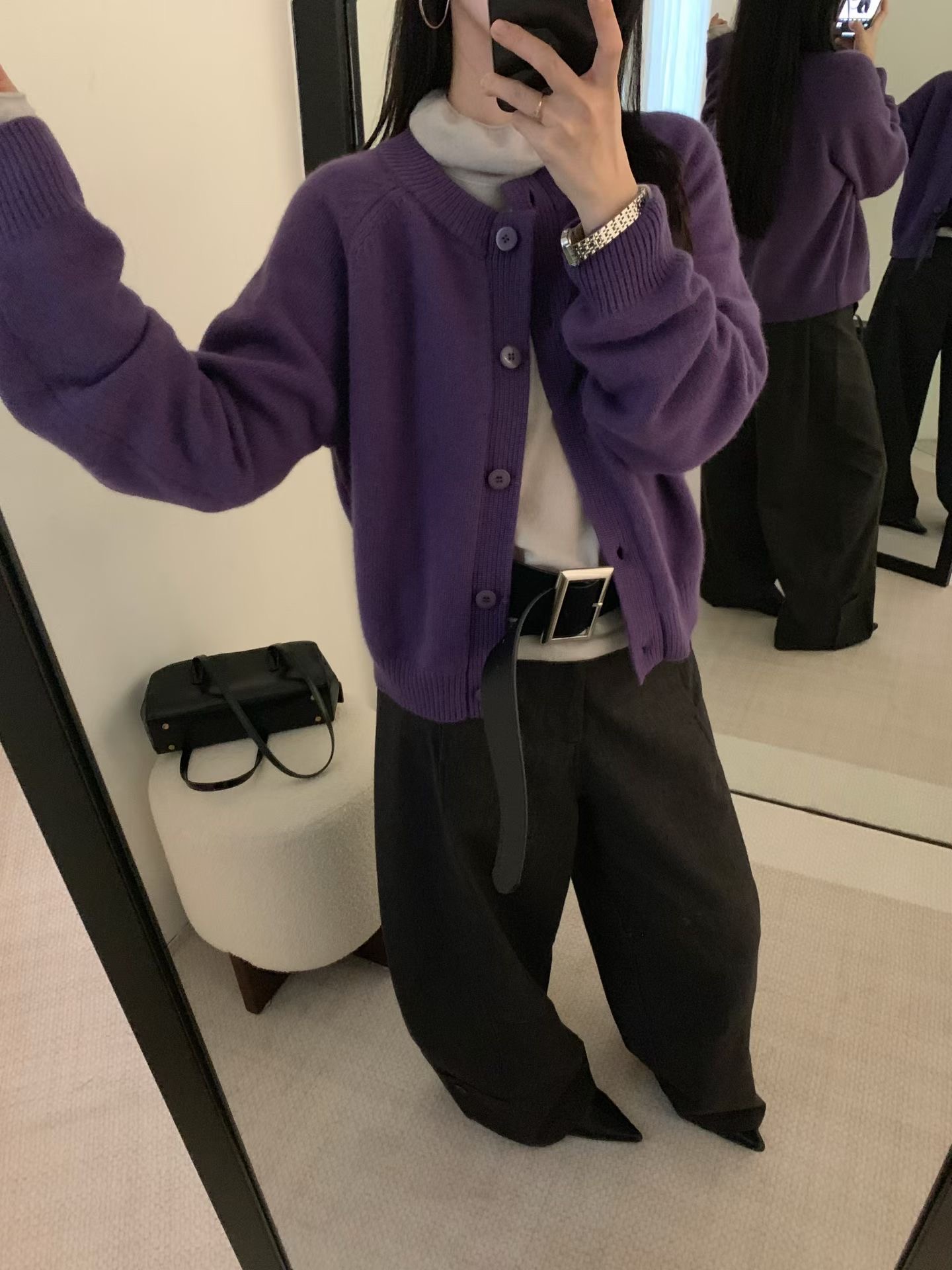 Dumpling 2025秋冬新款韩系圆领山羊绒浣熊羊毛针织开衫