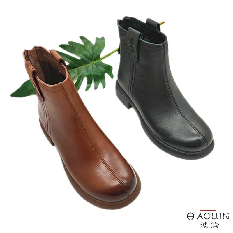 正品澳伦皮鞋2022年冬季二棉女鞋牛皮休闲高帮中帮靴专柜低跟