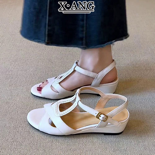 羊皮版法式坡跟凉鞋女款2026新款夏季外穿不累脚配裙子罗马女鞋子