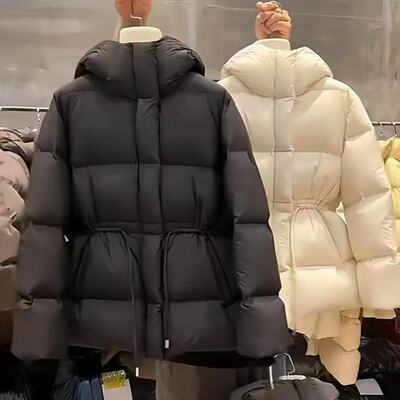 正品牌羽绒服女中长款2025冬季韩版宽松连帽抽绳收腰加厚气质面包