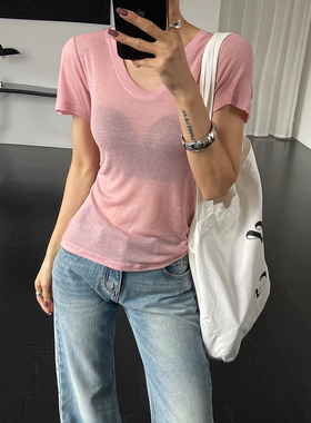 runxi闰熙4757-3流行紫色短袖女T恤2024新款U领天丝羊毛显瘦上衣