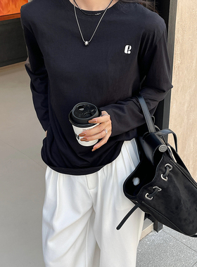 闰熙CECLLIA春夏字母水洗棉长袖t恤宽松休闲圆领慵懒风上衣4118-7