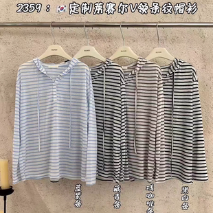 半扣条纹连帽长袖 T恤上衣女宽松百搭t 7韩系正品 闰熙CECLLIA2359