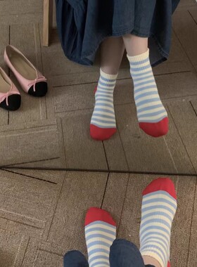 冬清新撞色粗条纹短款袜子女情侣百搭透气无骨拼色女士棉质潮透气