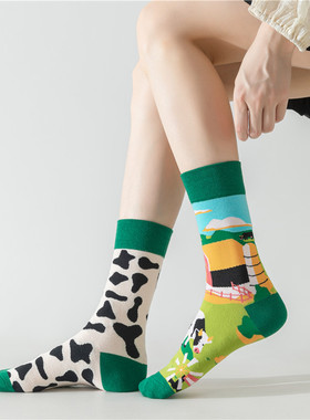 AB不对称袜子男女卡通动物街头情侣日系中筒个性百搭潮棉中长筒袜
