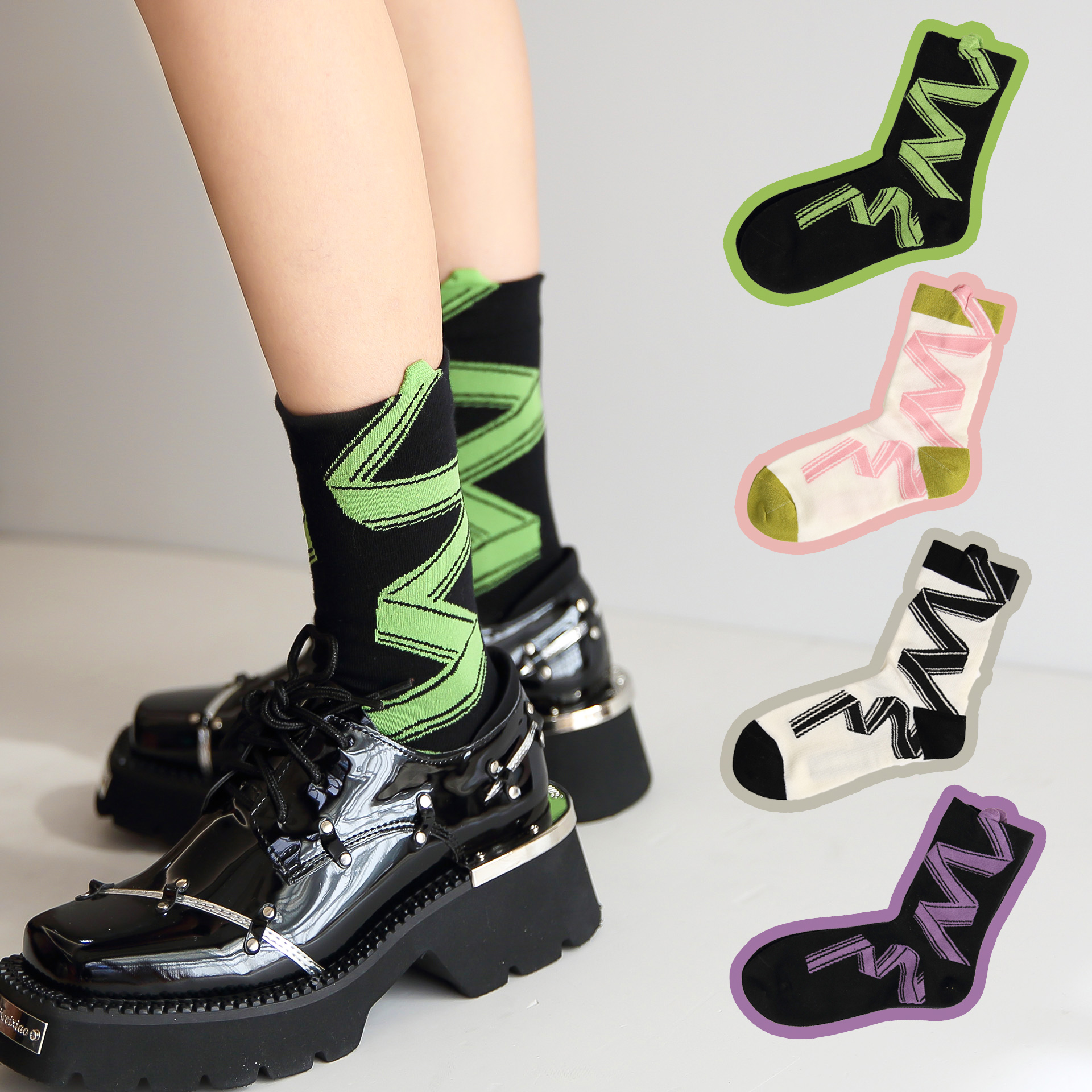 立体条纹袜子少女抽象曲线条法式