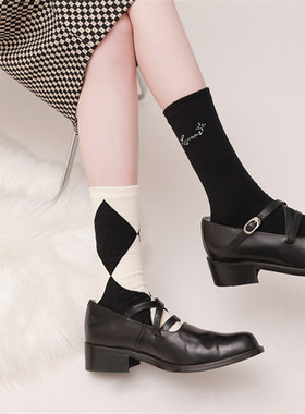 优雅不对称菱格AB袜子英伦学院风淑女JK袜棉女中筒街头百搭复古