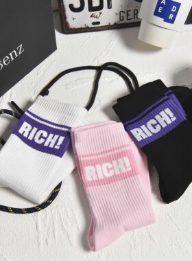 RICH字母袜子ins潮粉紫长筒袜日系男女百搭运动中筒袜棉socks情侣