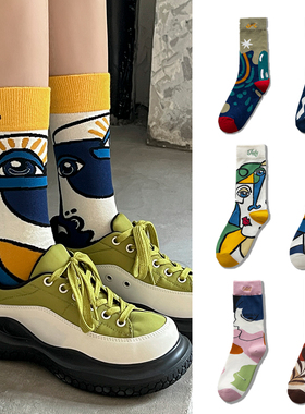 冬新抽象艺术日系刺绣字母彩色油画棉袜女ins外穿潮文艺高腰袜子