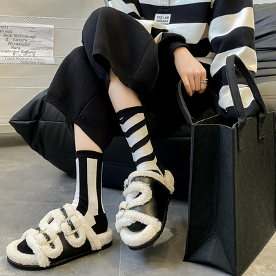 AB袜子条纹拼色日系舒适中筒袜