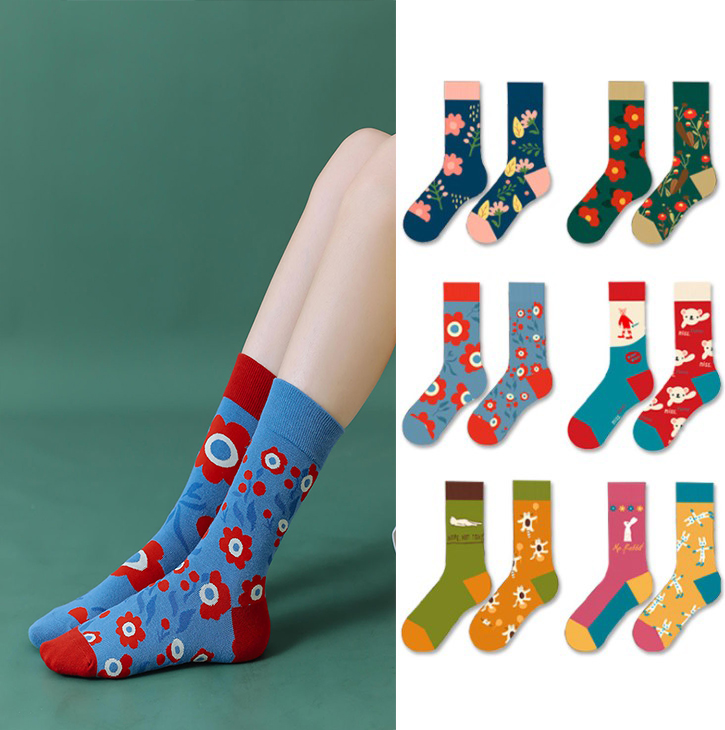 春不对称AB袜创意小花袜子个性