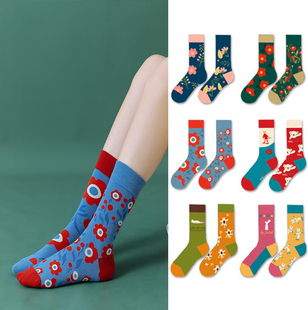 冬新不对称AB袜创意小花袜子个性 ins女棉袜情侣百搭ins日系学院风