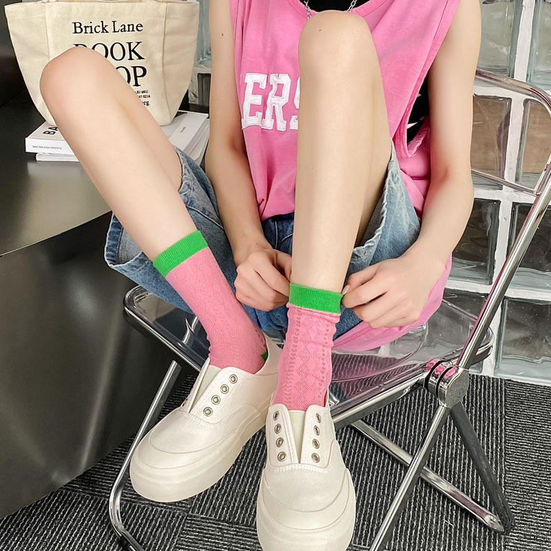 夏薄网眼糖果色透气袜子女ins潮棉袜百搭甜美菱形个性堆堆中筒袜