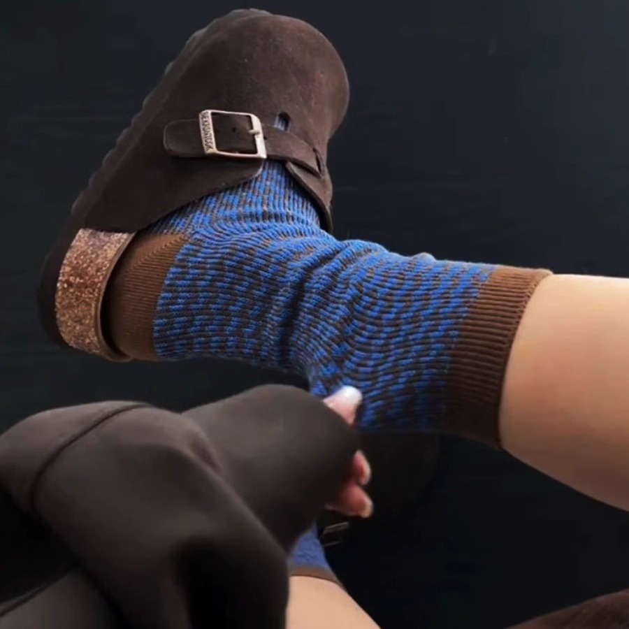 千鸟格复古百搭双针双路堆堆袜