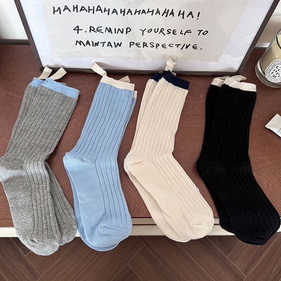 双针拼色后跟标签袜子竖条女
