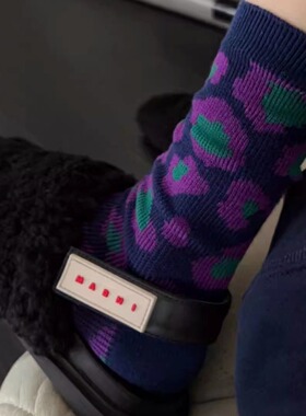 冬暖复古百搭中长双针双路袜子拼接撞色花朵千鸟格艺术袜街头个性