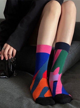 冬新拼色涂鸦ab不对称色块袜子小众潮棉彩色中筒袜街头风百搭外穿