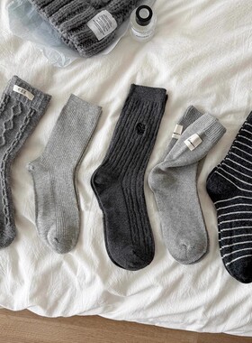 春暖灰色暖系中筒袜子百搭保暖日系学院风街头个性长袜条纹潮少女