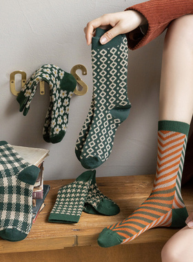 冬新绿色格子花朵堆堆袜子学院民族风双针英伦复古中长筒日系棉袜