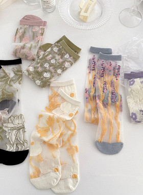 夏薄卡丝袜子女甜美ins花朵女士水晶丝堆堆袜透肤时尚少女玻璃丝