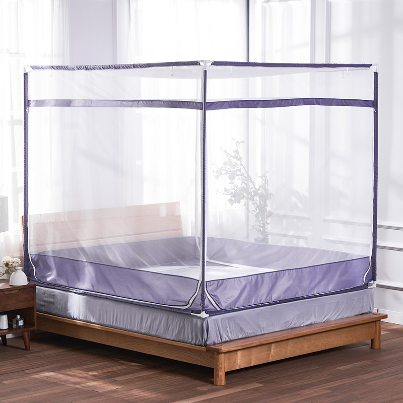 远梦蚊帐简约方顶坐床式家用支架款三开门加厚加密防摔防蚊方型帐