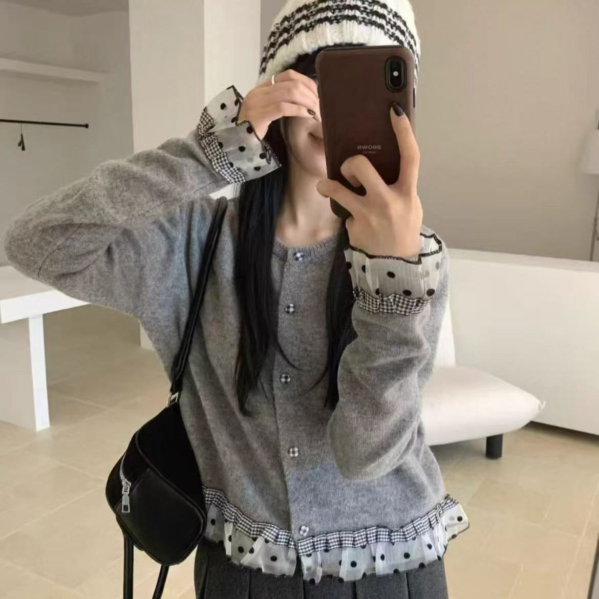 韩系甜美蕾丝拼色毛衣女