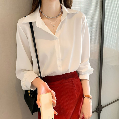 Spring chiffon shirt women's 2021 new foreign style design sense of minority loose French folding top white shirt fashion